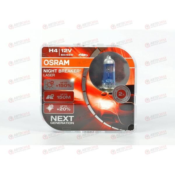 Лампа галоген 12В H4 60/55 Ватт Р43t +150% Night Breaker Laser (пласт/кор 2 шт) OSRAM, изображение 2